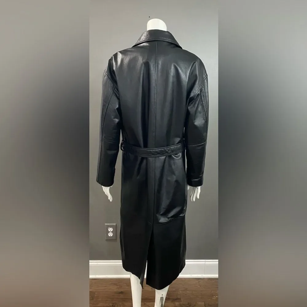 Wilson’s Blk Leather Double Breasted Belted Button Up Full Length Trench Coat M - Picture 6 of 14